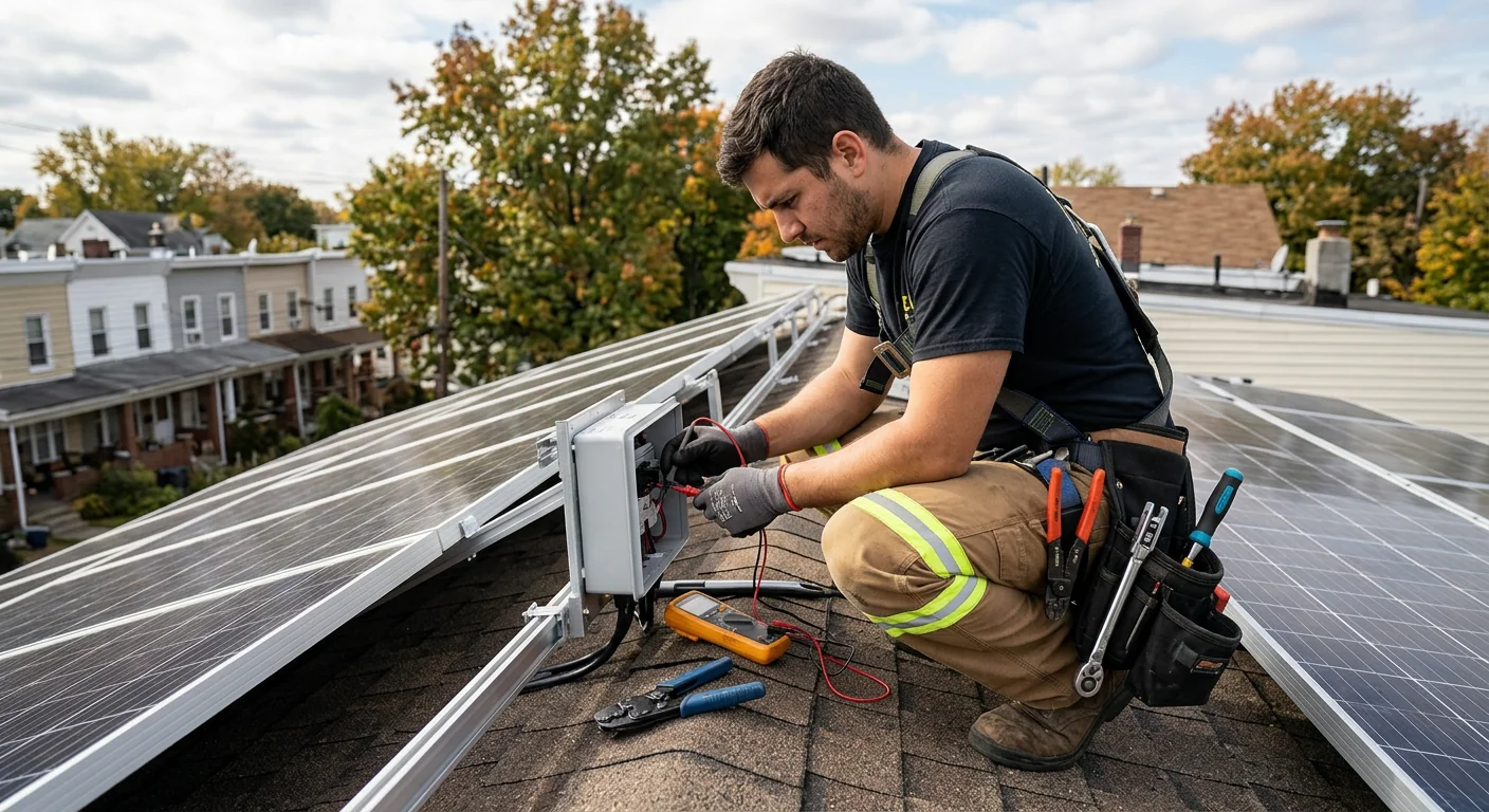 Technician measuring flat commercial rooftop for solar array layout in Newark