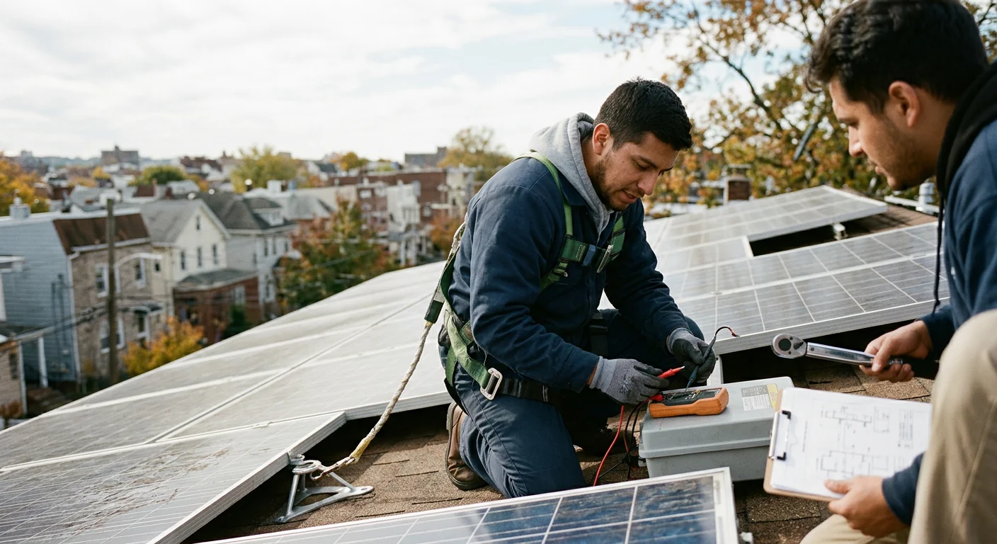 Technician reviewing commercial solar installation plans on a Newark rooftop site