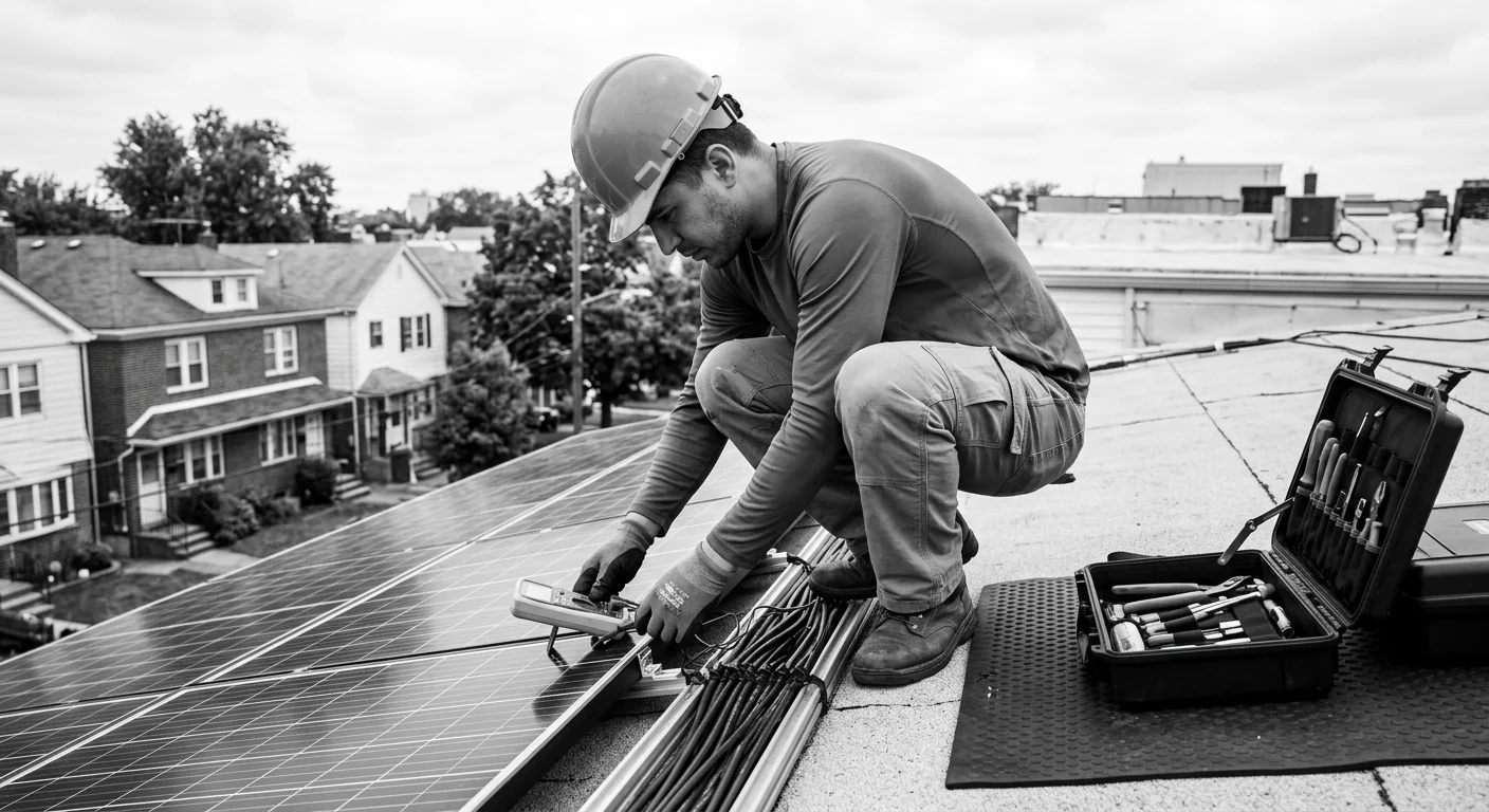Technicians installing rooftop solar array on a Newark commercial building