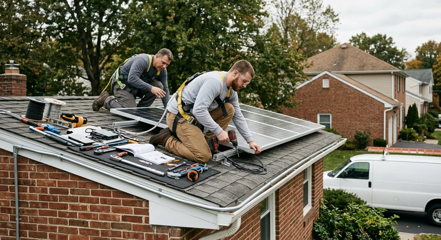 Technicians aligning commercial rooftop solar array in Newark