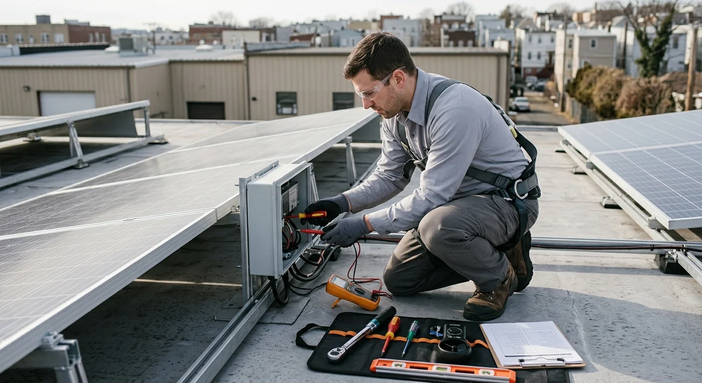 Technician reviewing off-grid battery bank and inverter layout at a Newark home