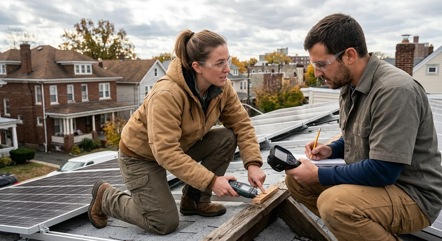 Technician mounting off-grid solar array and battery bank on a Newark property