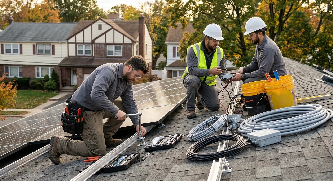 Technician testing off-grid solar battery bank in Newark home
