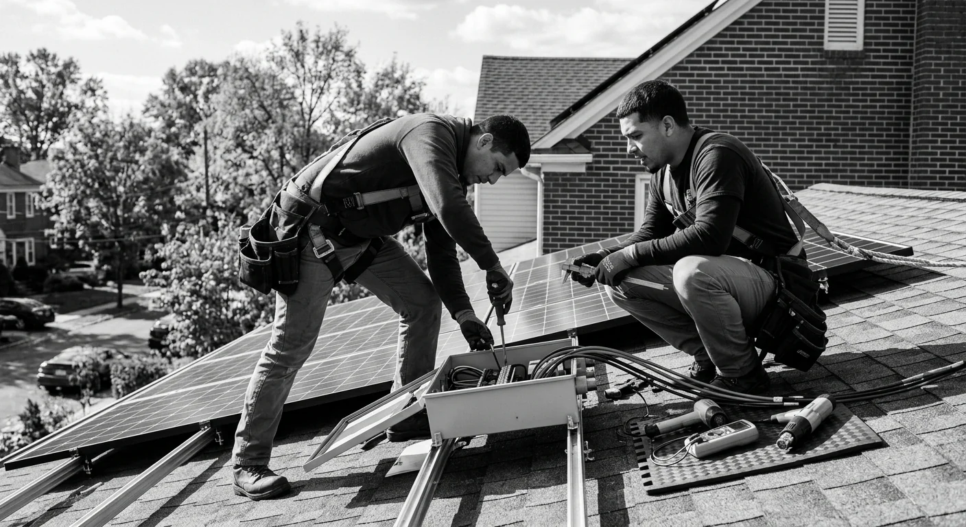 Solar technician measuring roof panels during a Newark home installation estimate