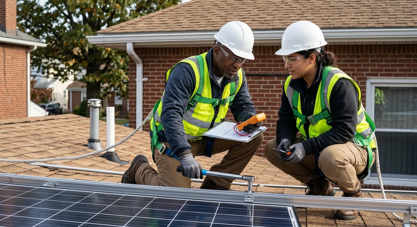 Technician reviewing rooftop solar panel layout during a Newark home installation estimate