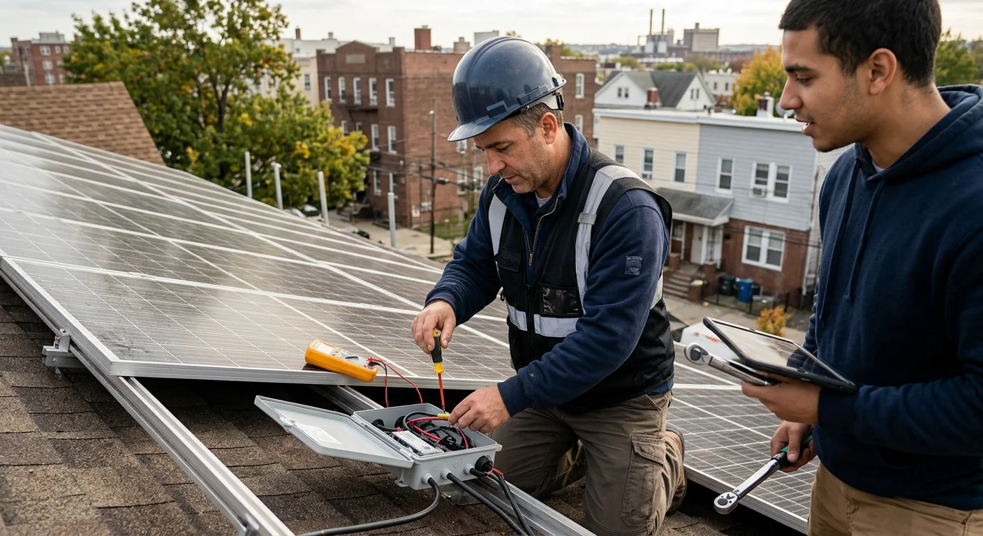 Technician aligning rooftop solar panels on a Newark home during installation
