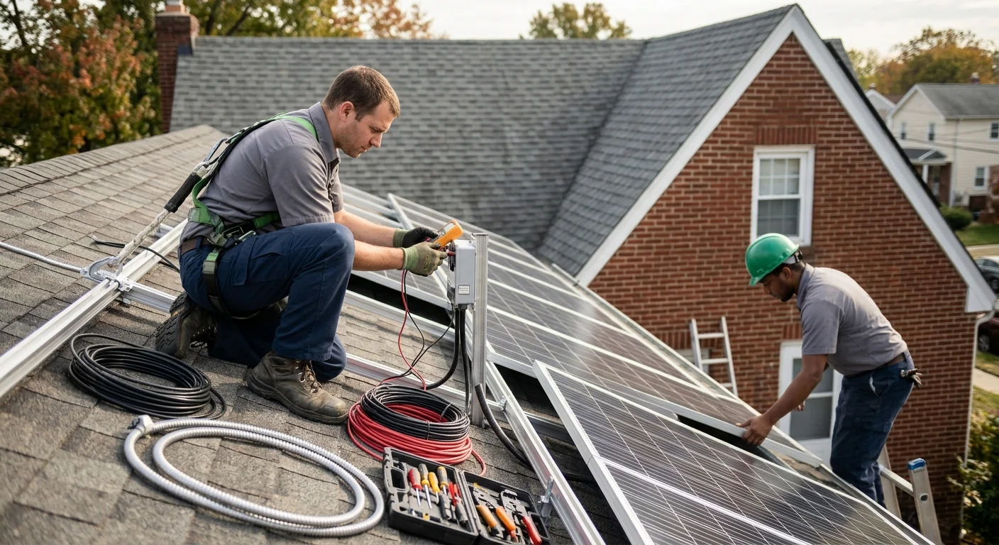 Technician measuring roof pitch during Newark solar panel installation