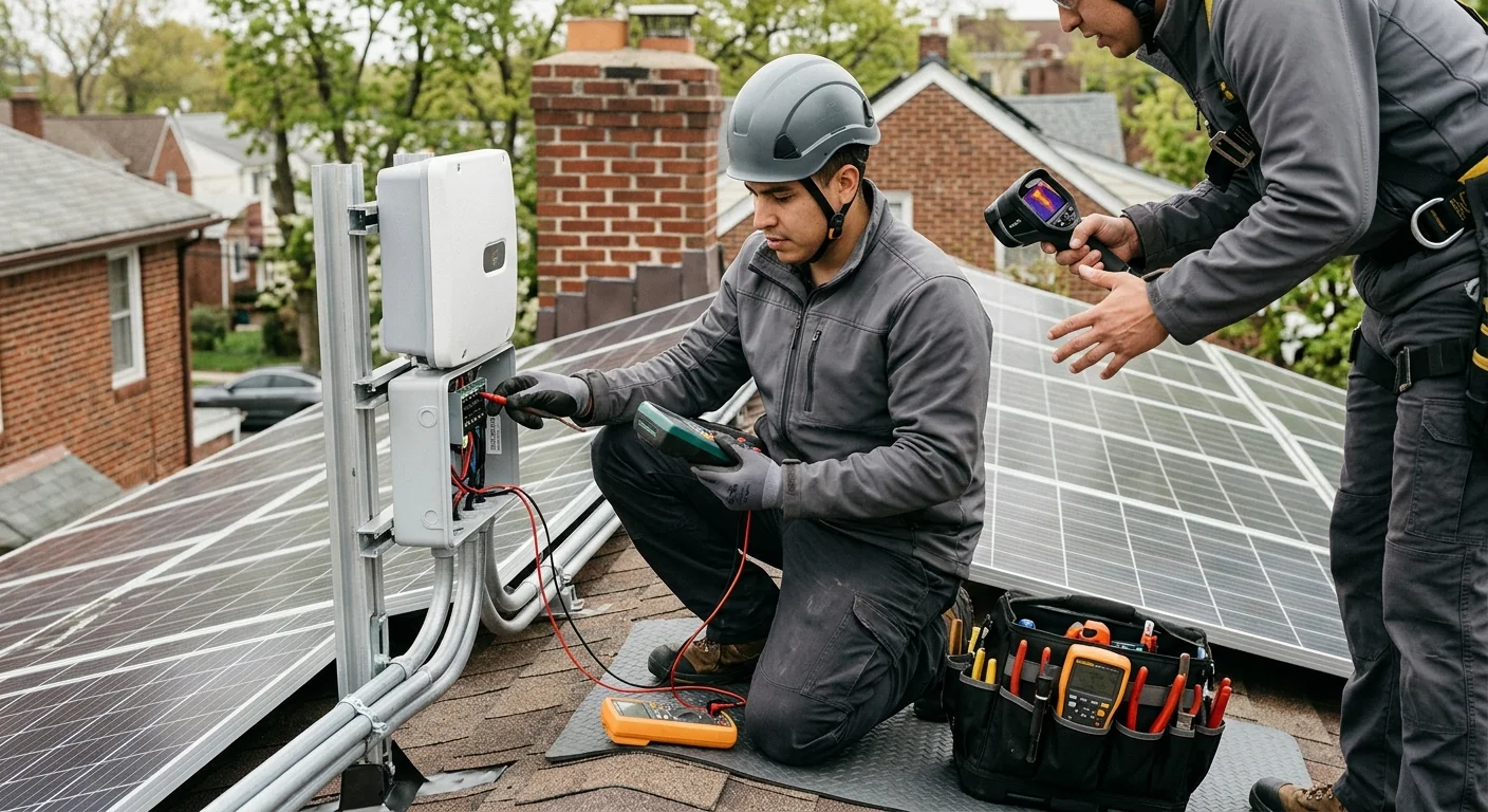 Technician reviewing solar battery installation plans with homeowner at a Newark residence