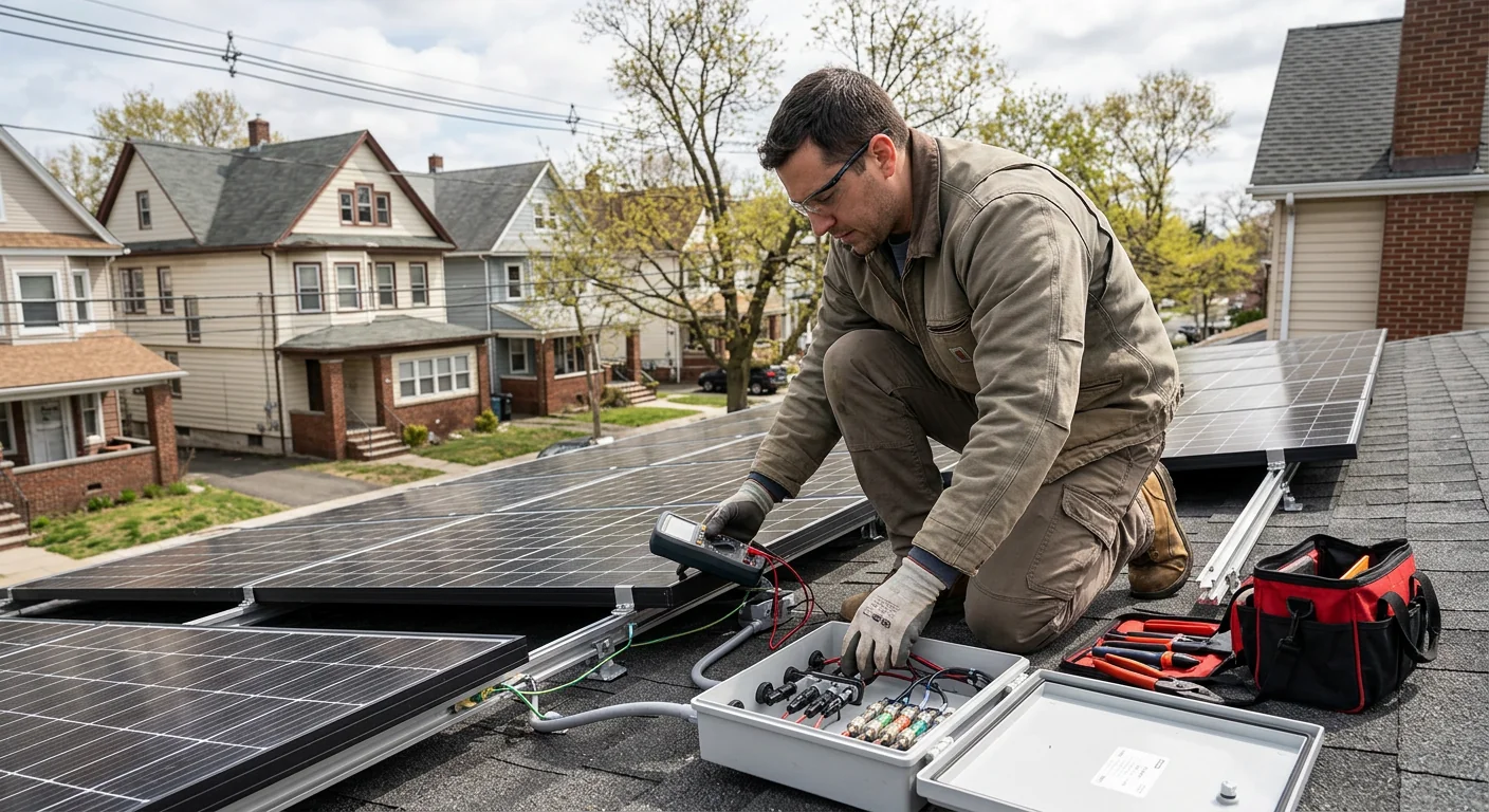 Technician mounting a solar battery storage unit inside a Newark home garage