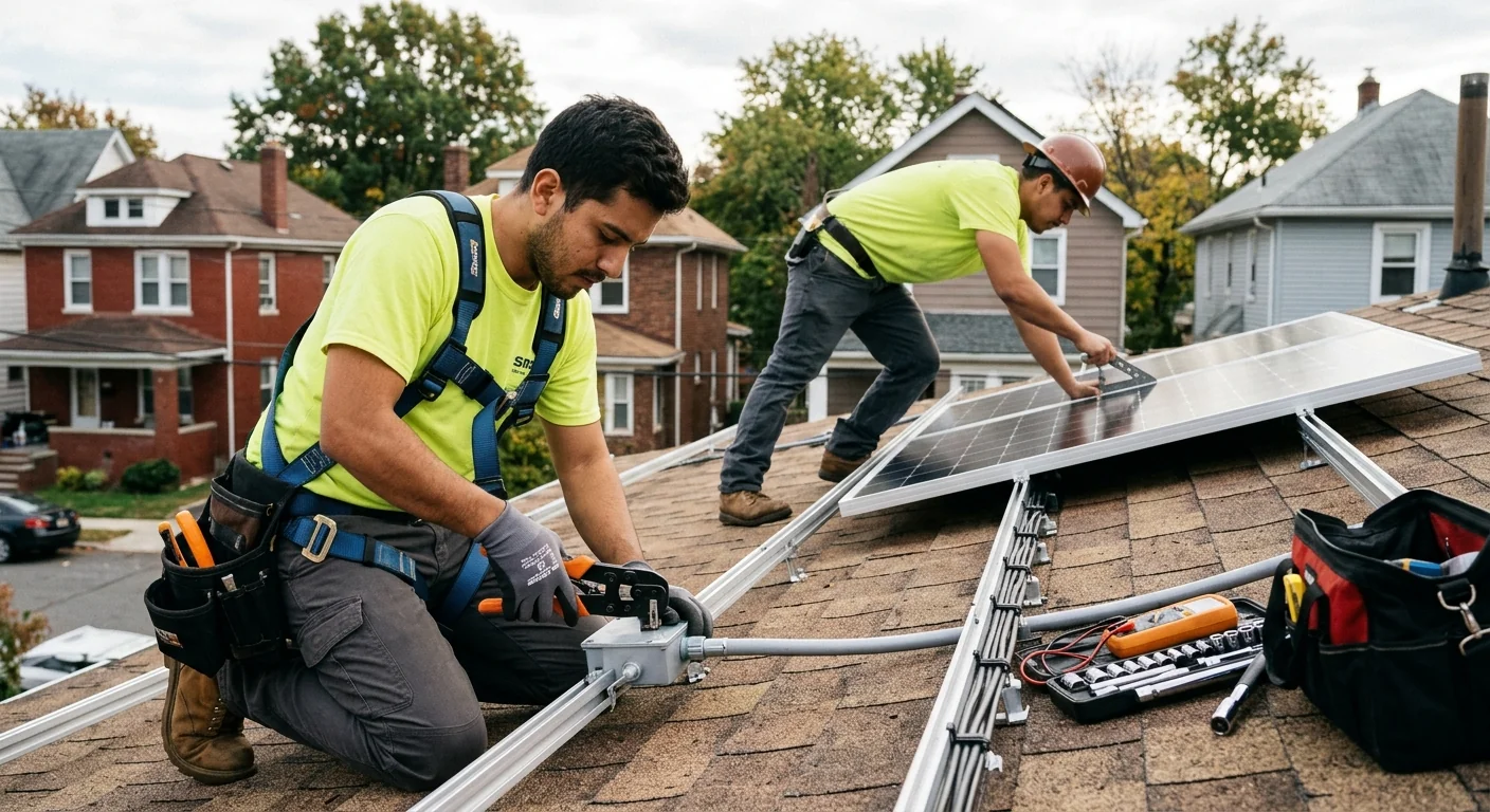 Technician inspecting a wall-mounted solar inverter during a Newark home assessment