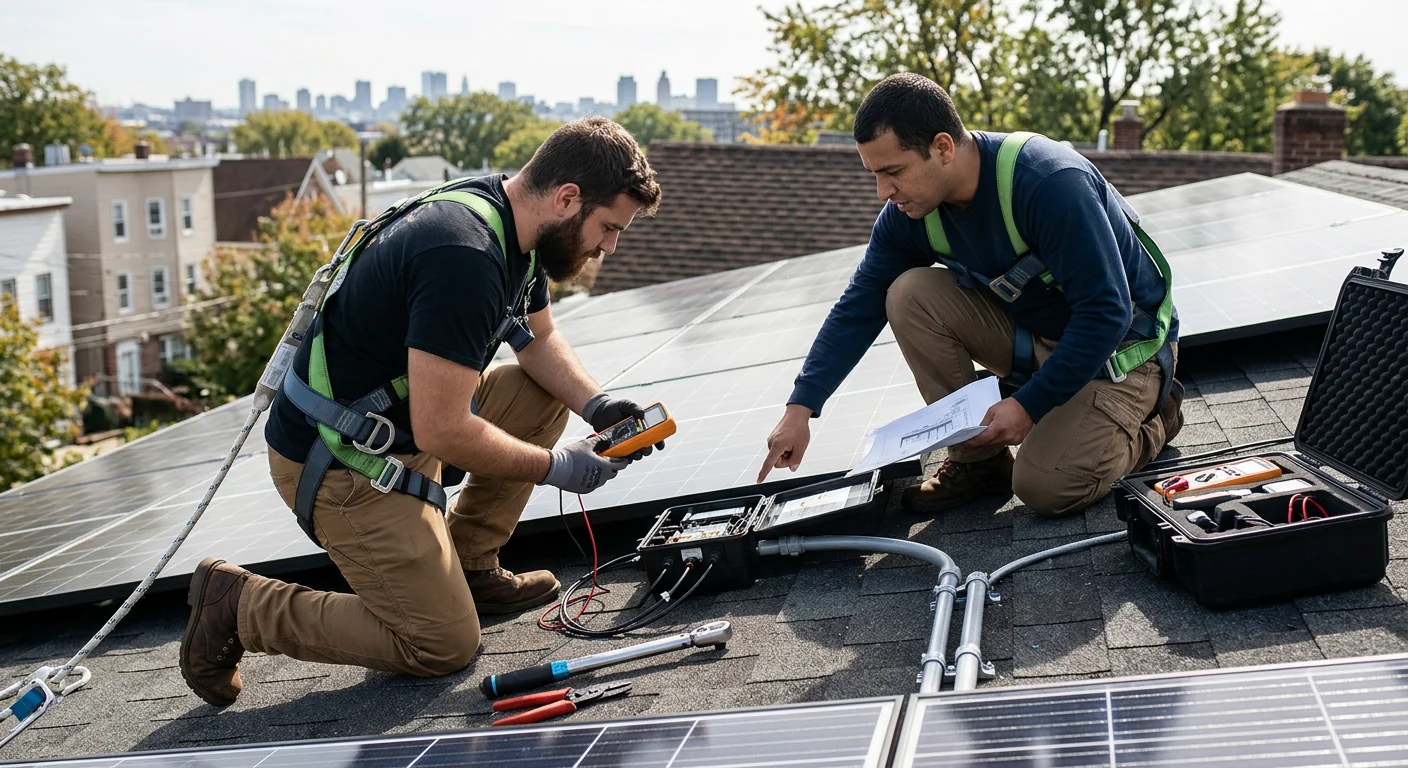 Technician preparing solar inverter installation on a Newark home exterior wall