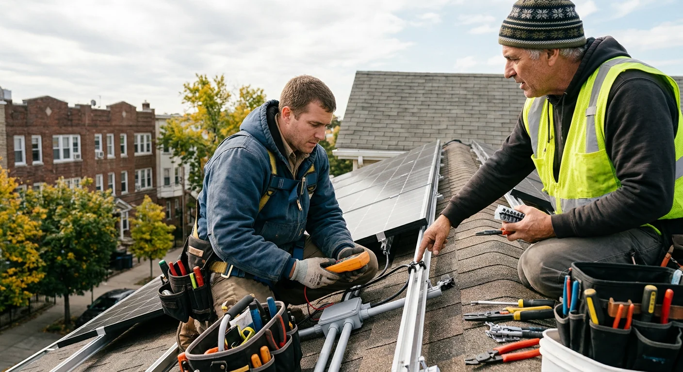 Technician wiring a wall-mounted solar inverter on a Newark residential array