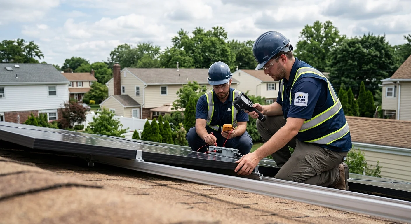 Technician testing solar inverter connections at a Newark home