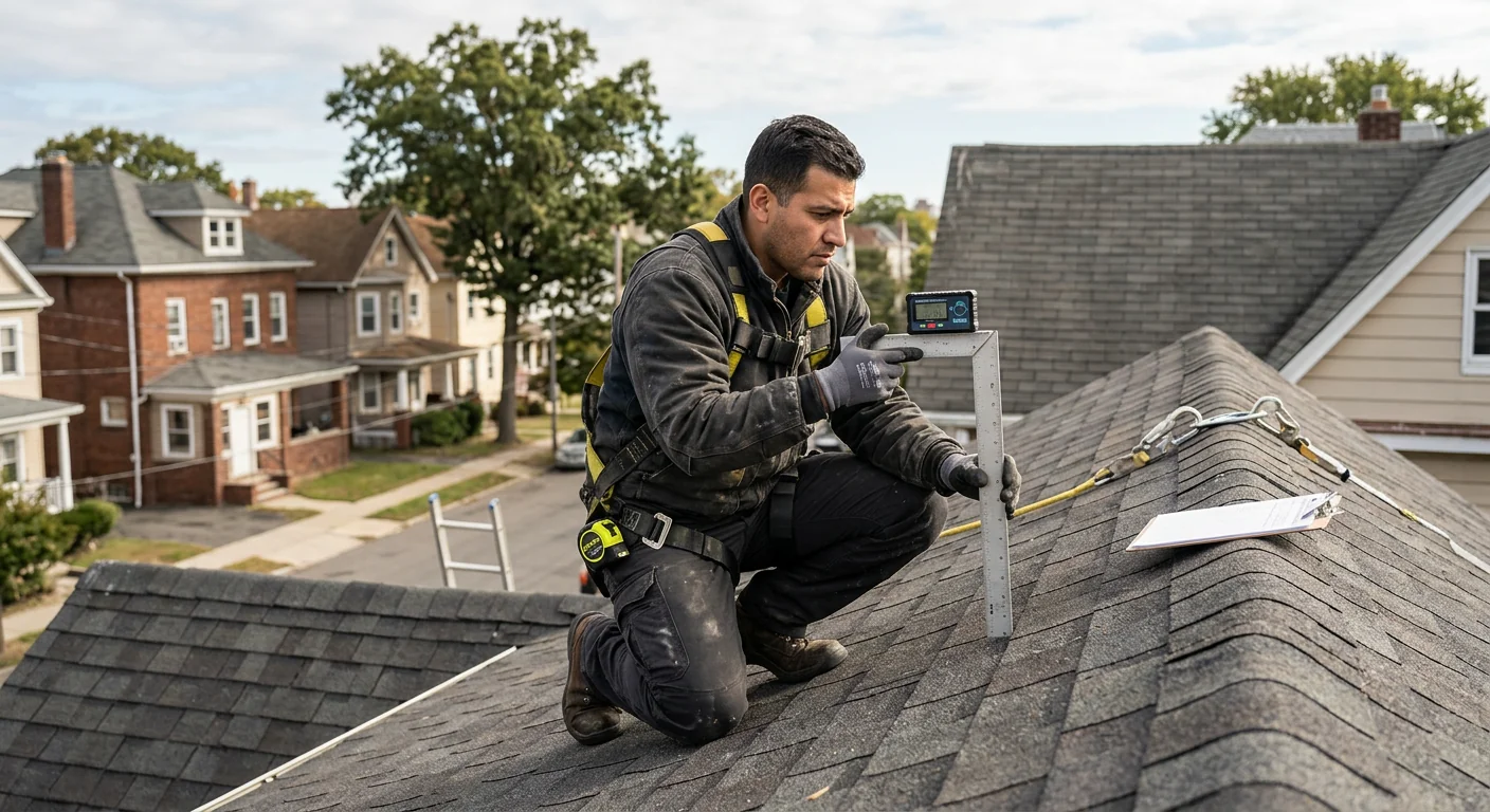 Technician measuring roof pitch during a Newark solar site evaluation