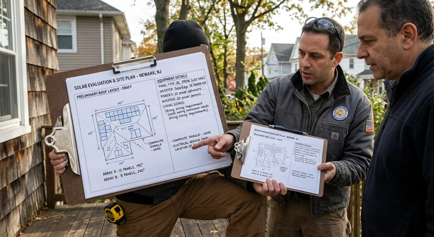 Written solar estimate with panel layout and inverter details on a clipboard