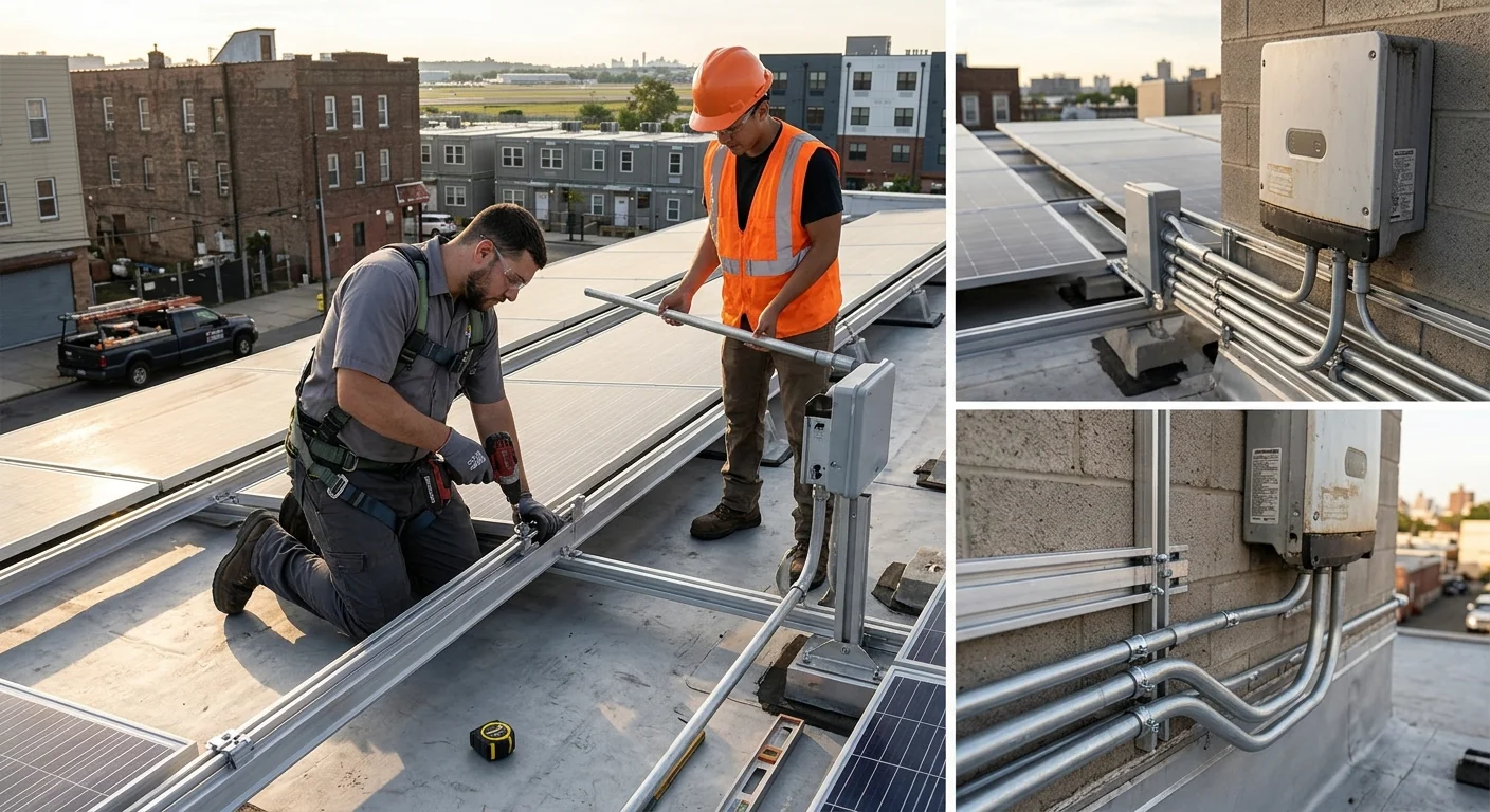 Rooftop solar array installation showing mounting hardware and conduit routing