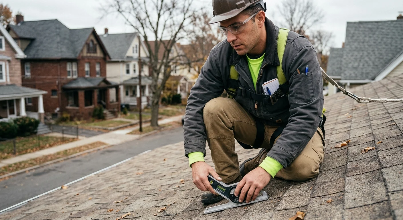 Technician measuring roof pitch during a solar site assessment in Newark