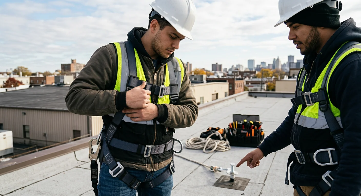 Fall-protection harness and roof anchors checked before a Newark rooftop climb