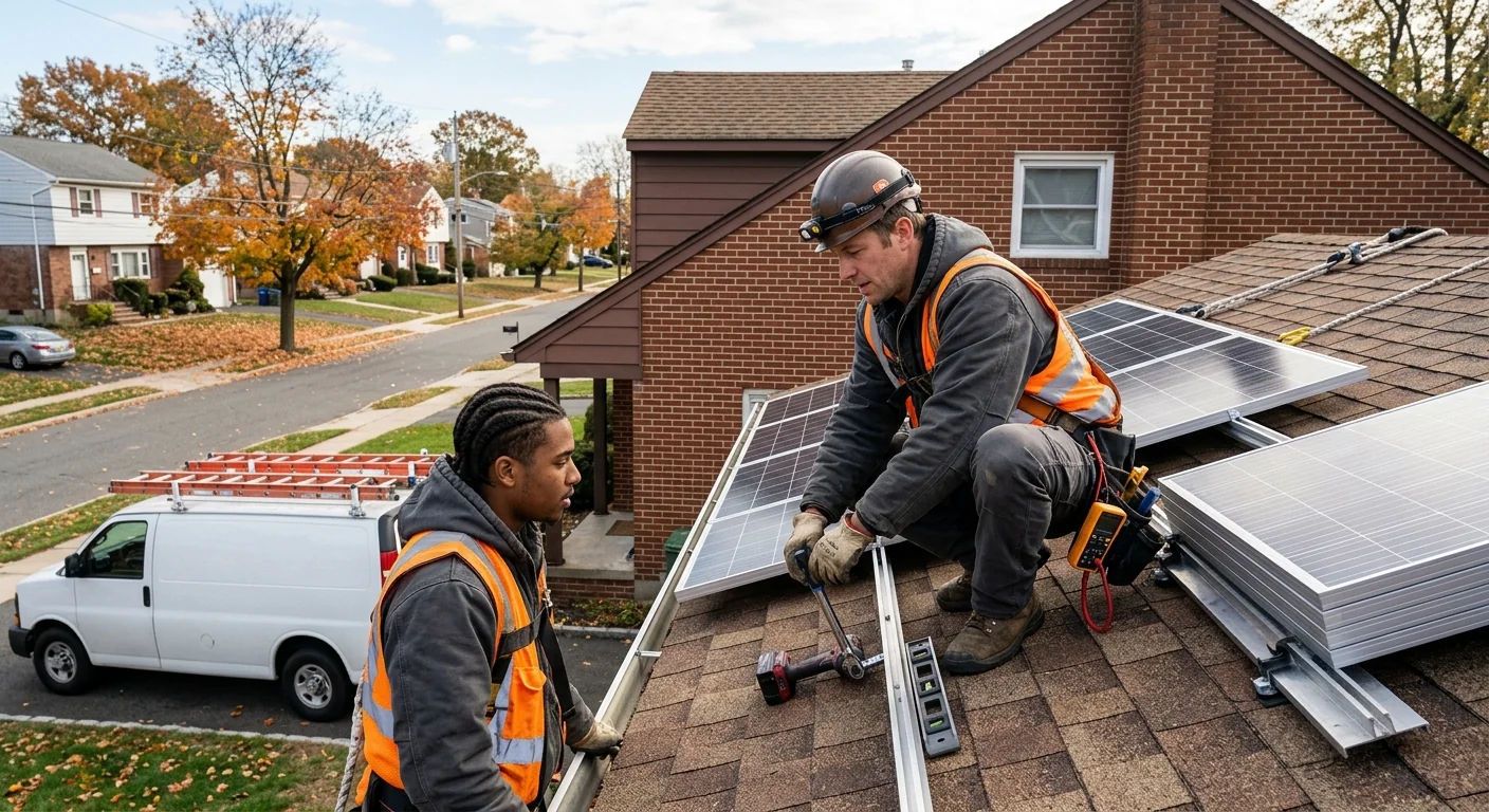 Solar technician reviewing rooftop measurements with a homeowner in Newark