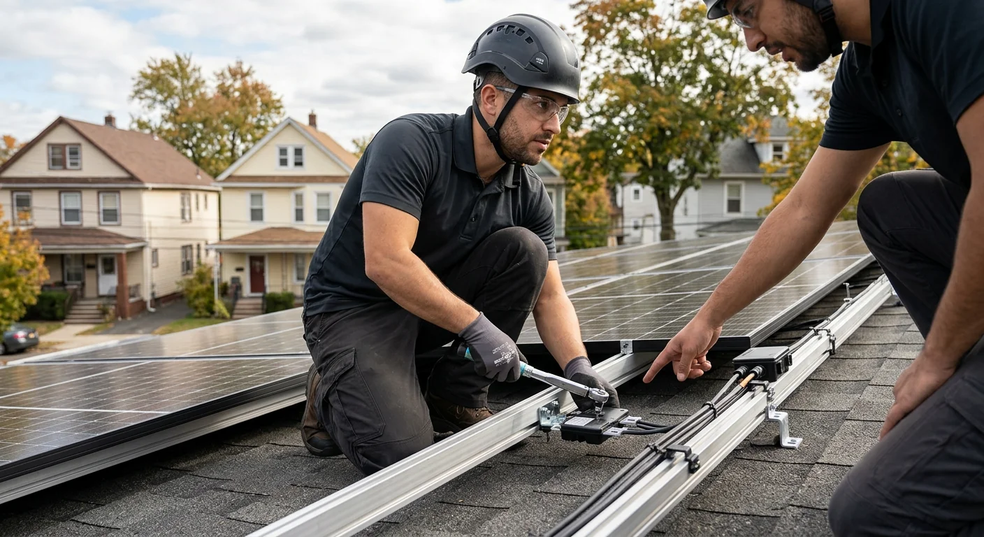 Technician measuring roof for solar panel array on a Newark home