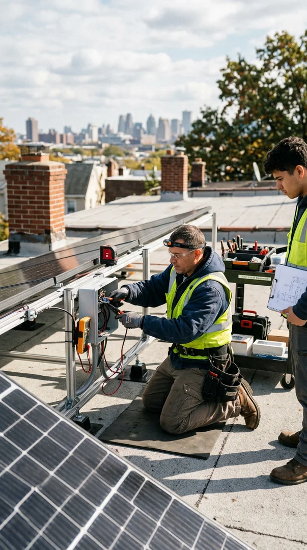 Solar panel array angled for optimal sun exposure on a Newark residential rooftop with clean cable routing