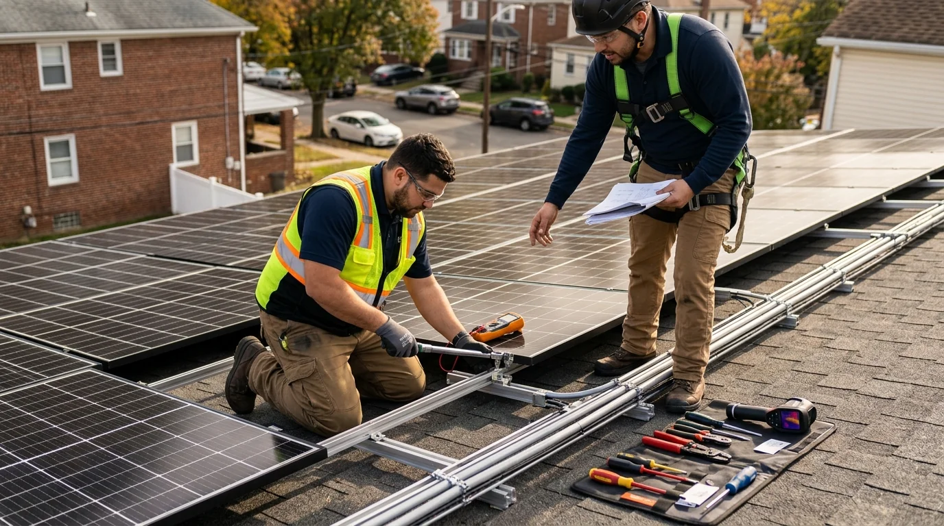 Technician inspecting rooftop solar array mounting hardware on a Newark home