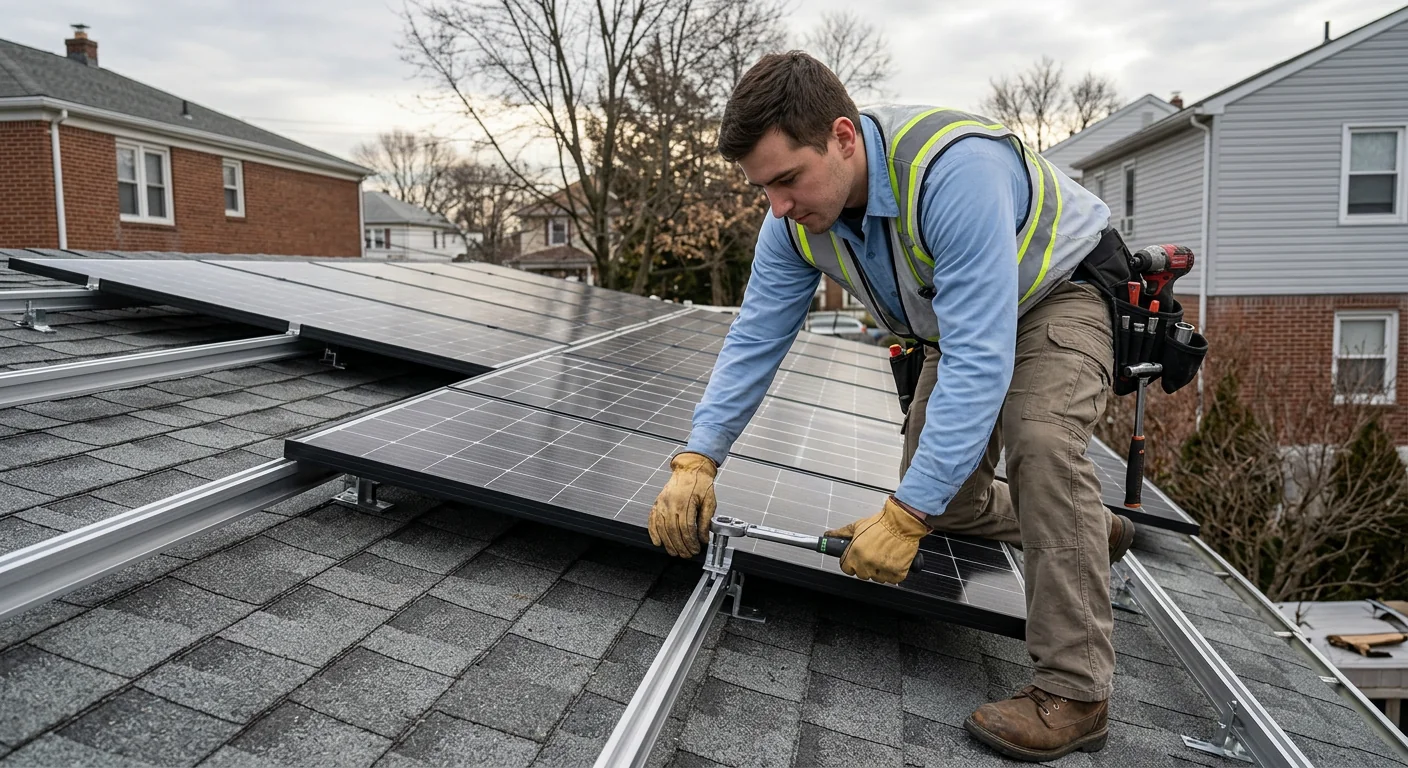 Trained technicians reviewing a solar panel layout on a Newark rooftop