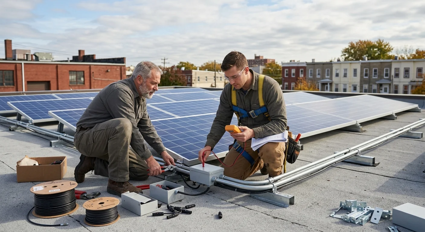 Solar technician inspecting rooftop array measurements on a Newark home before installation