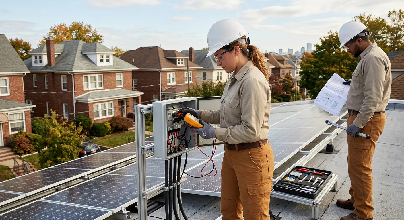 Technician inspecting rooftop solar array and inverter wiring on a Newark home