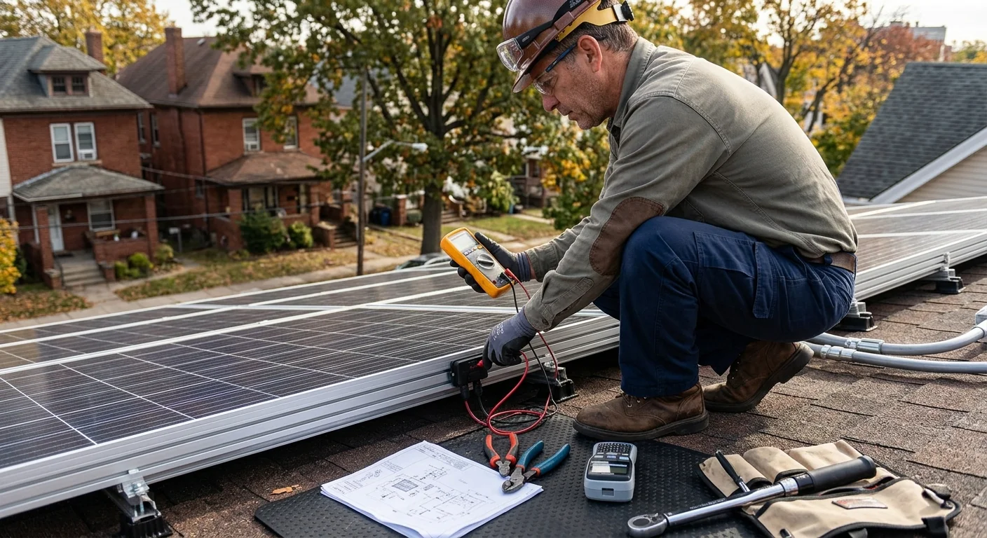 Technician inspecting rooftop solar panels during a maintenance visit in Newark