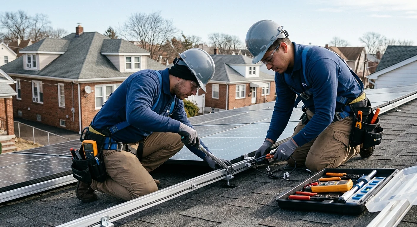 Technician inspecting rooftop solar panels and wiring on a Newark home