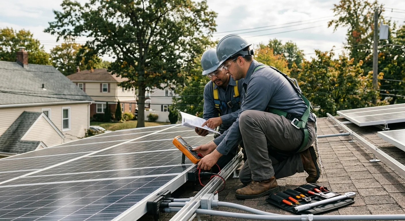 Technician inspecting rooftop solar array wiring in Newark